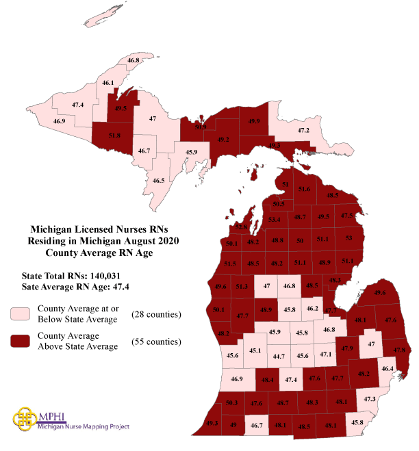 map depicting RN mean age by county in 2020